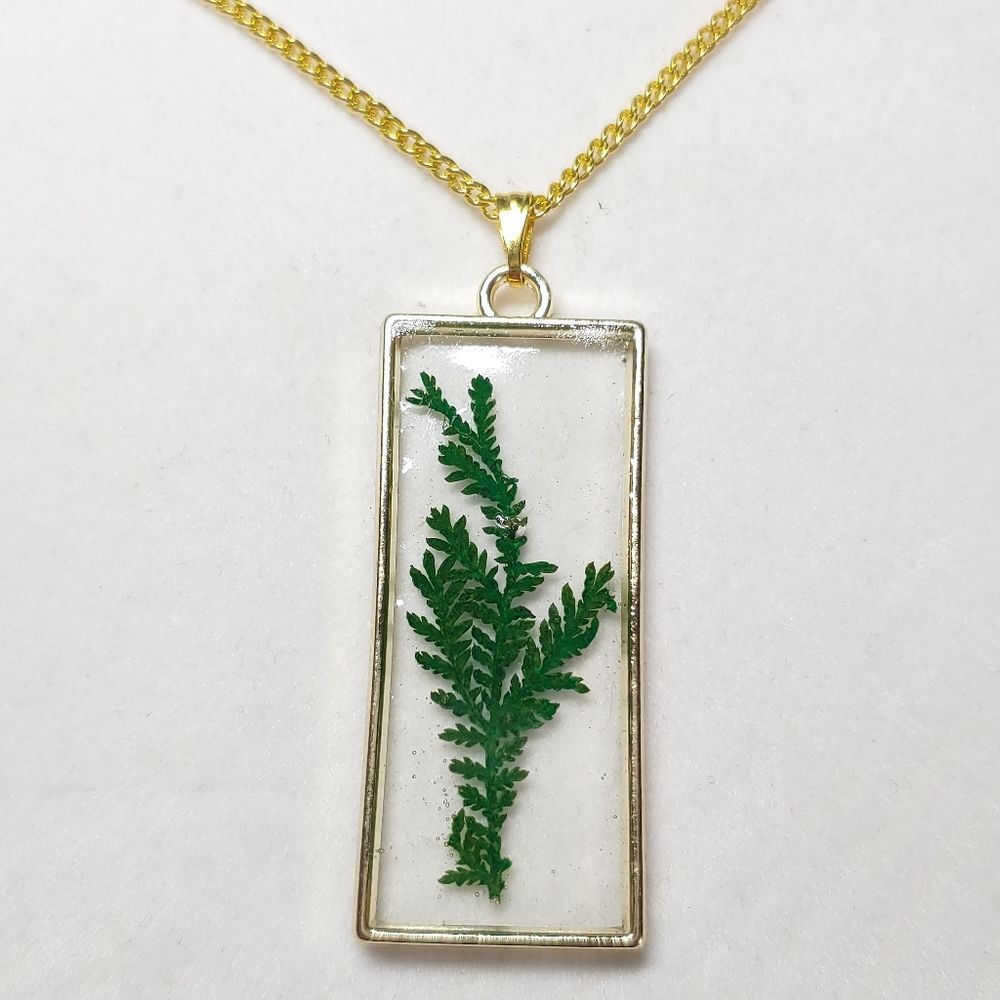 Necklace Gold Tone Rectangle w/ Dried Leaves